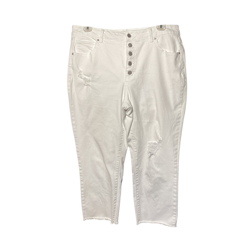 Time and Tru White Distressed Button Fly Jeans Womens Size 18 High Rise Raw Hem